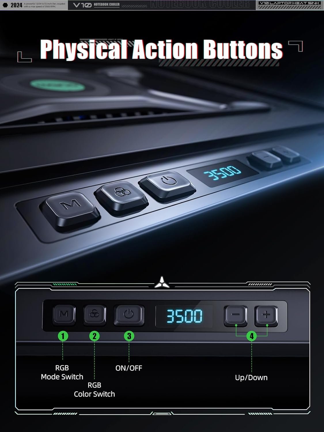 llano V10 Gaming Laptop Cooling Pad, RGB Laptop Cooler Stand with 4.72 Inch External Powerful Cooling Fan, Rapid Cooling Computer 13-17.3in, Action Button Control, 3 Adjustable Stand, 4-Port USB C&A