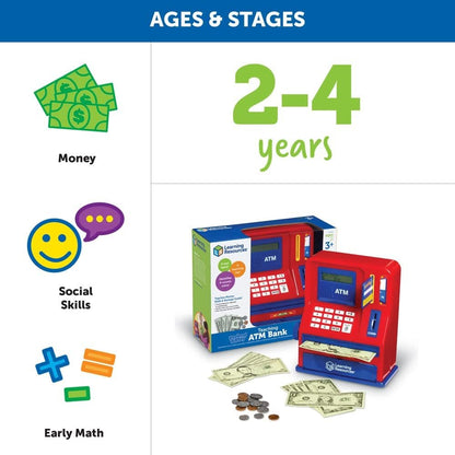 Learning Resources Teaching ATM Bank, Blue & Red, Classic Toy, 32 Pieces, Ages 3+