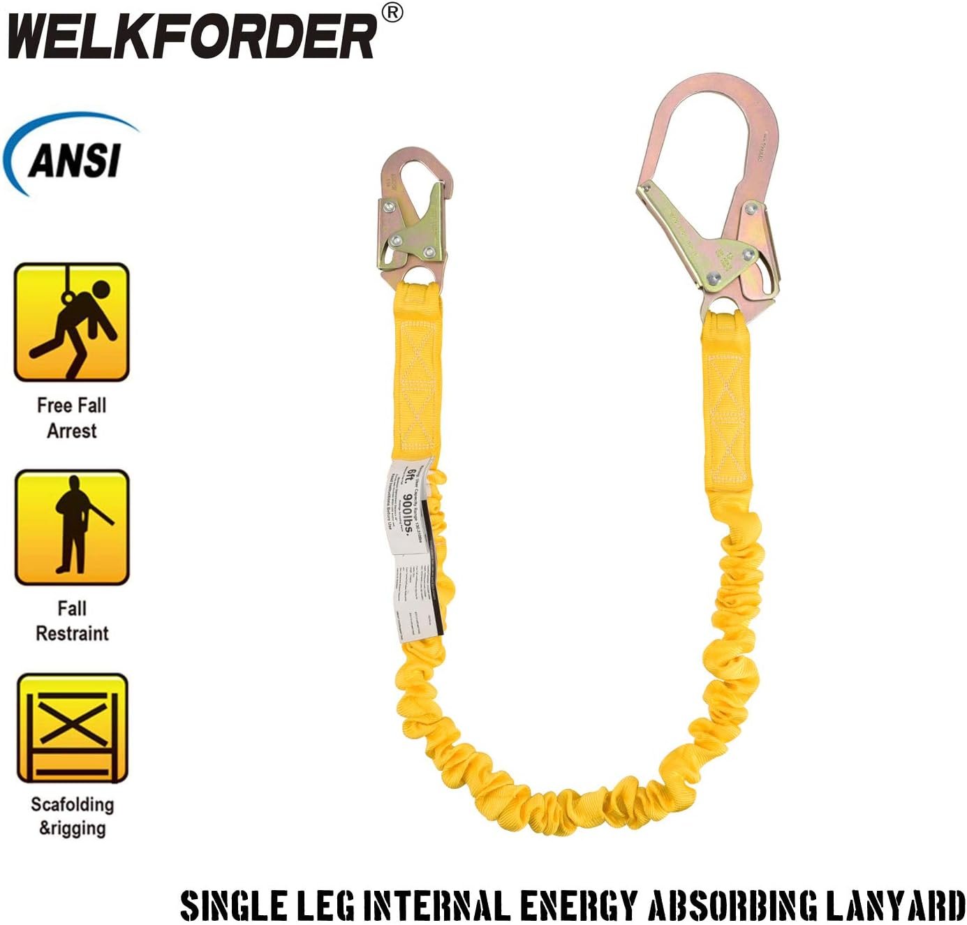 WELKFORDER Single Leg 6-Foot Fall Protection Internal Shock Absorbing Stretchable Safety Lanyard with Snap & Rebar Hook Connectors CSA＆ANSI Compliant