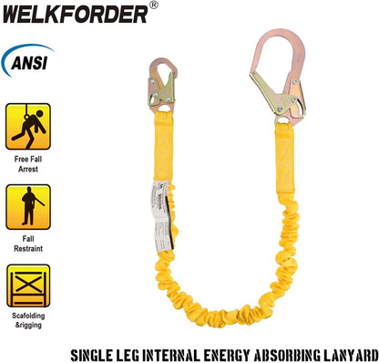 WELKFORDER Single Leg 6-Foot Fall Protection Internal Shock Absorbing Stretchable Safety Lanyard with Snap & Rebar Hook Connectors CSA＆ANSI Compliant
