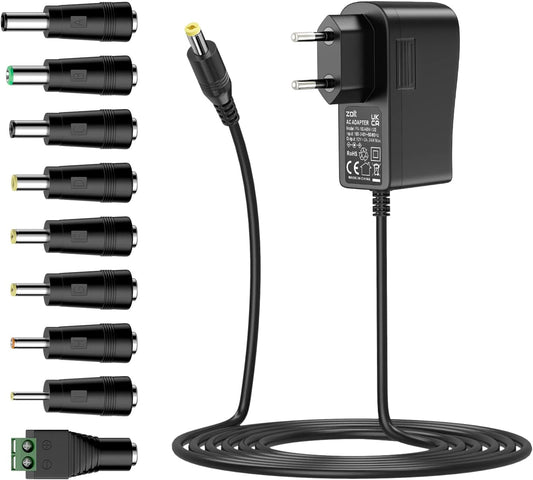 12V 2A Power Supply, Zolt Transformer Universal AC DC Power Adapter with 9 DC Plugs for Electronics, 24W Max.