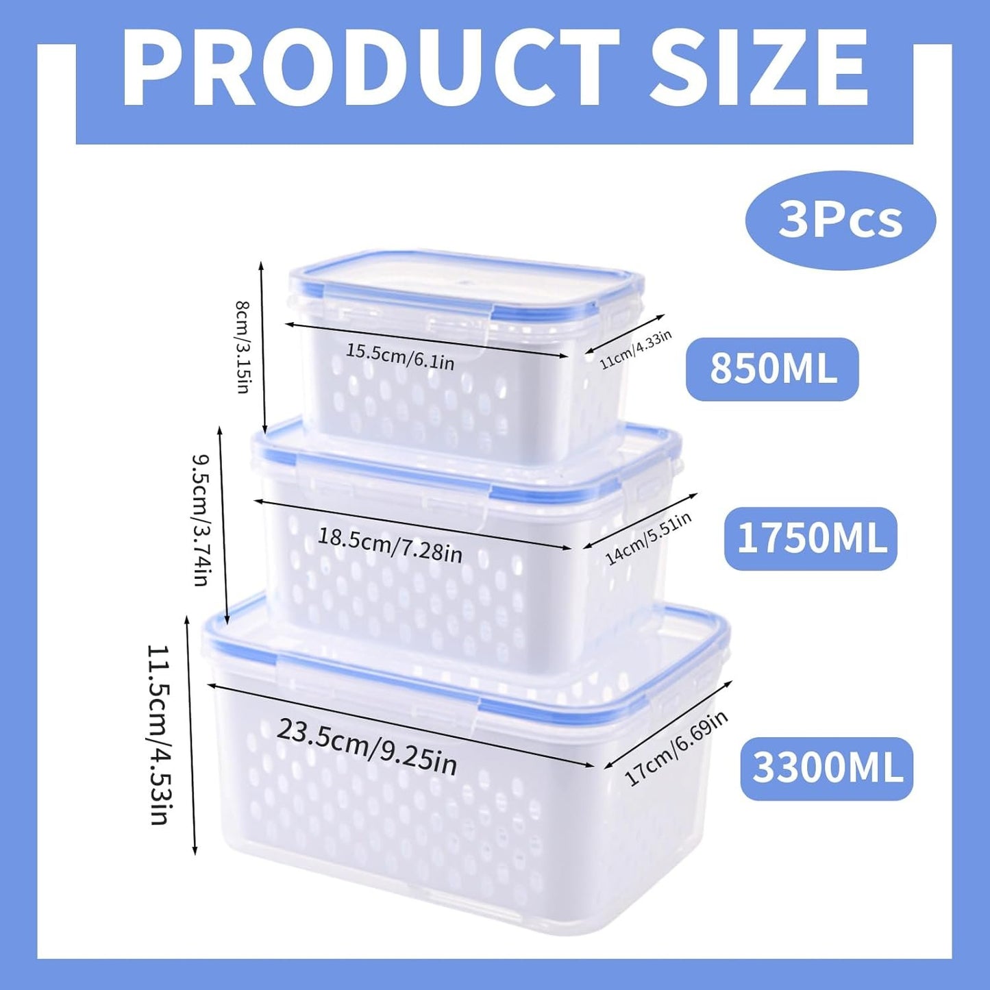 Homiliky 3Pcs Fruit Storage Containers for Fridge with Removable Colanders,Leakproof Food Storage Containers Food Storage Containers with Lid for Salad Berry Lettuce Vegetables Meat Keeper