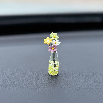 Generic Set of 2 Cute Mini Bunny and Daisy Flower Vase Car Rearview Mirror Ornaments Funny Dashboard Decorations Kawaii Car Interior Accessories for Women Gifts