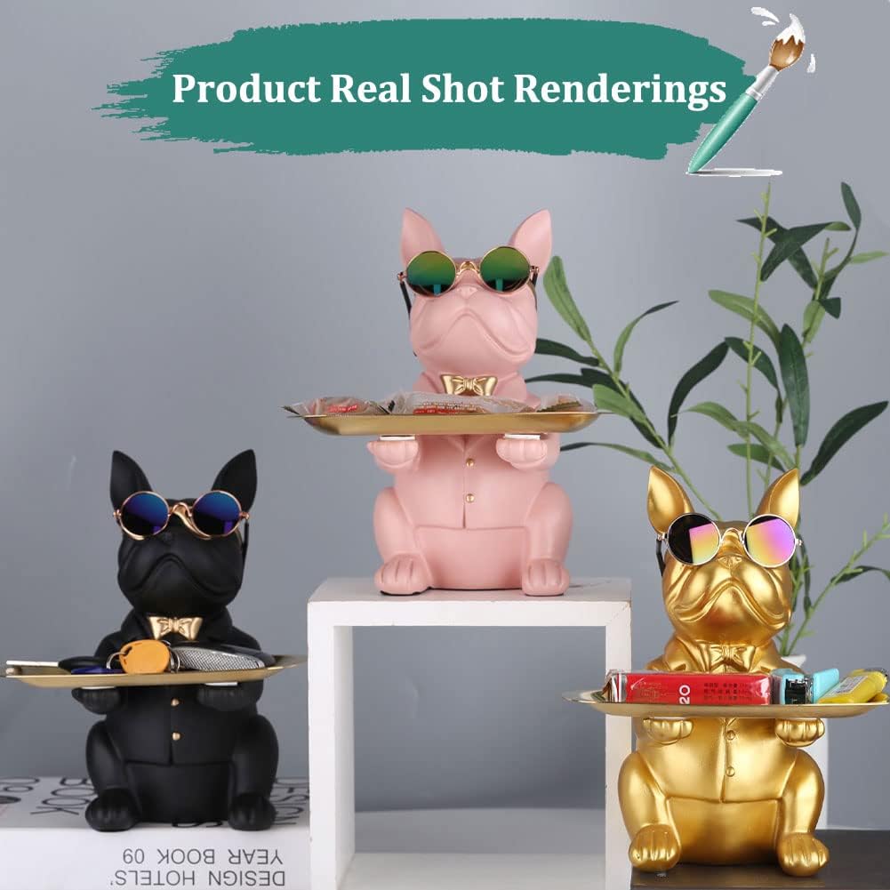 QIANLING Modern Decor Resin Bulldog Tray Statue Storage Key Holder Candy Jewelry Earrings Suitable for Home Art Dining Table Office Small Object (Black)
