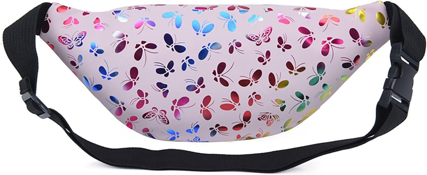 HNKJDS Butterfly Pattern Fanny Pack Shiny Waterproof Waist Packs for Women Men Fashion Holographic Belt Bag with Adjustable Belt for Rave Festival Hiking Travel Outdoor, Pink, One Size, Shiny Waist