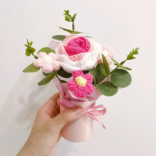 suyakota Crochet Medium Rose Flower Bouquet: Handmade Knitted Bouquet for Mother's Day Birthday Home Decor Girlfriend Wedding Grandma Bday Gift (Pink)