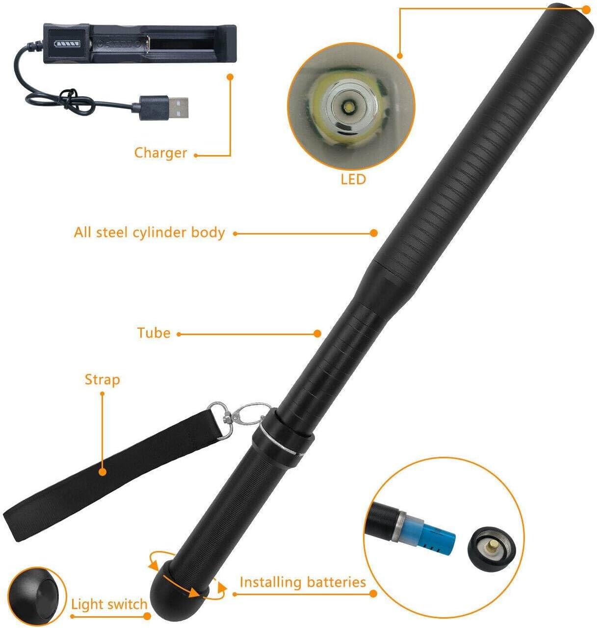 Ultra Bright 2200000LM LED Security Stick Torch Rechargeable Tactical Flashlight