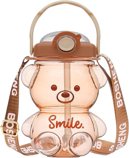 Kawaii Water Bottle with Straw and Strap, 1L Cute Bear Water Bottles Portable Leakproof BPA-Free Plastic Drinking Cups for Kids Girls Women Sports Camping Picnic Hiking Travel