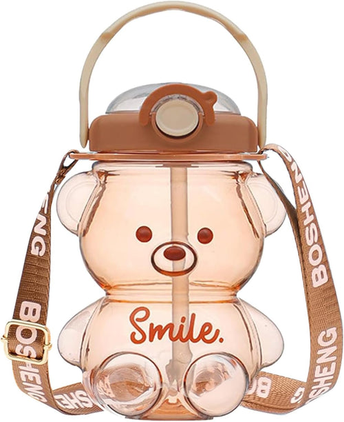 Kawaii Water Bottle with Straw and Strap, 1L Cute Bear Water Bottles Portable Leakproof BPA-Free Plastic Drinking Cups for Kids Girls Women Sports Camping Picnic Hiking Travel