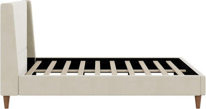 GDFStudio Modern Cream Velvet Upholstered Platform Bed with Wingback Headboard, Walnut Wooden Legs, No Box Spring Needed, Soft Touch Fabric, Solid Frame, Queen Size