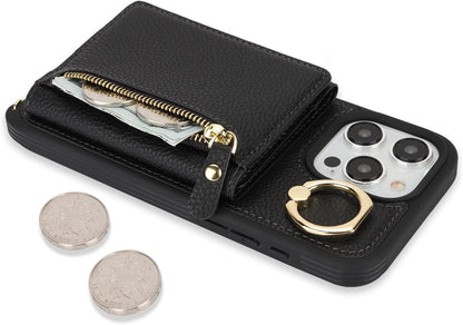 SunYoo for iPhone 15 Pro Max Crossbody Case with Card Holders Money Slots Zipper Coin Purse Rotatable Ring Kickstand Cover Wristlet Strap Lanyard Litchi Leather Wallet for iPhone 15ProMax Black