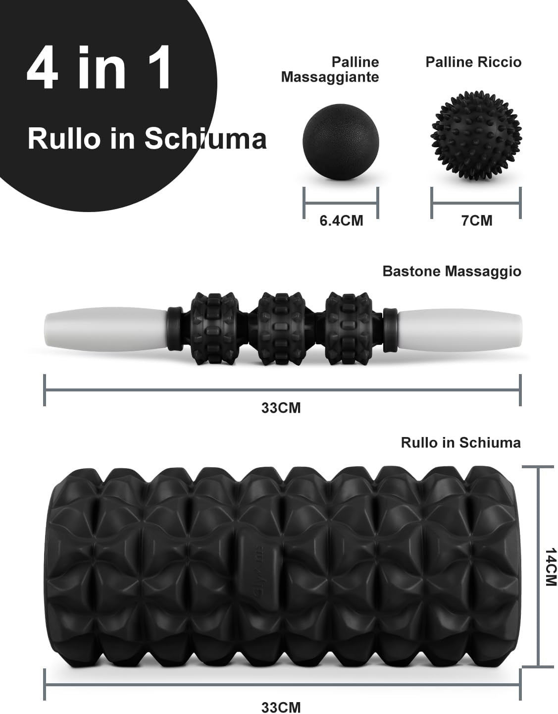 Glymnis Foam Roller Kit 4 in 1, Includes 1 x Muscle Massage Roller 1 x Massage Stick and 2 x Massage Ball for Deep Tissue Muscle Recovery, Myofascial Release, Yoga