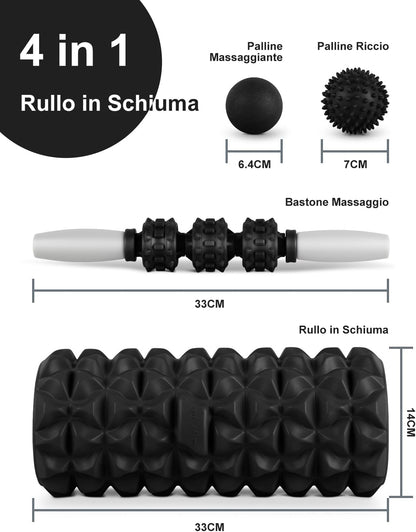 Glymnis Foam Roller Kit 4 in 1, Includes 1 x Muscle Massage Roller 1 x Massage Stick and 2 x Massage Ball for Deep Tissue Muscle Recovery, Myofascial Release, Yoga