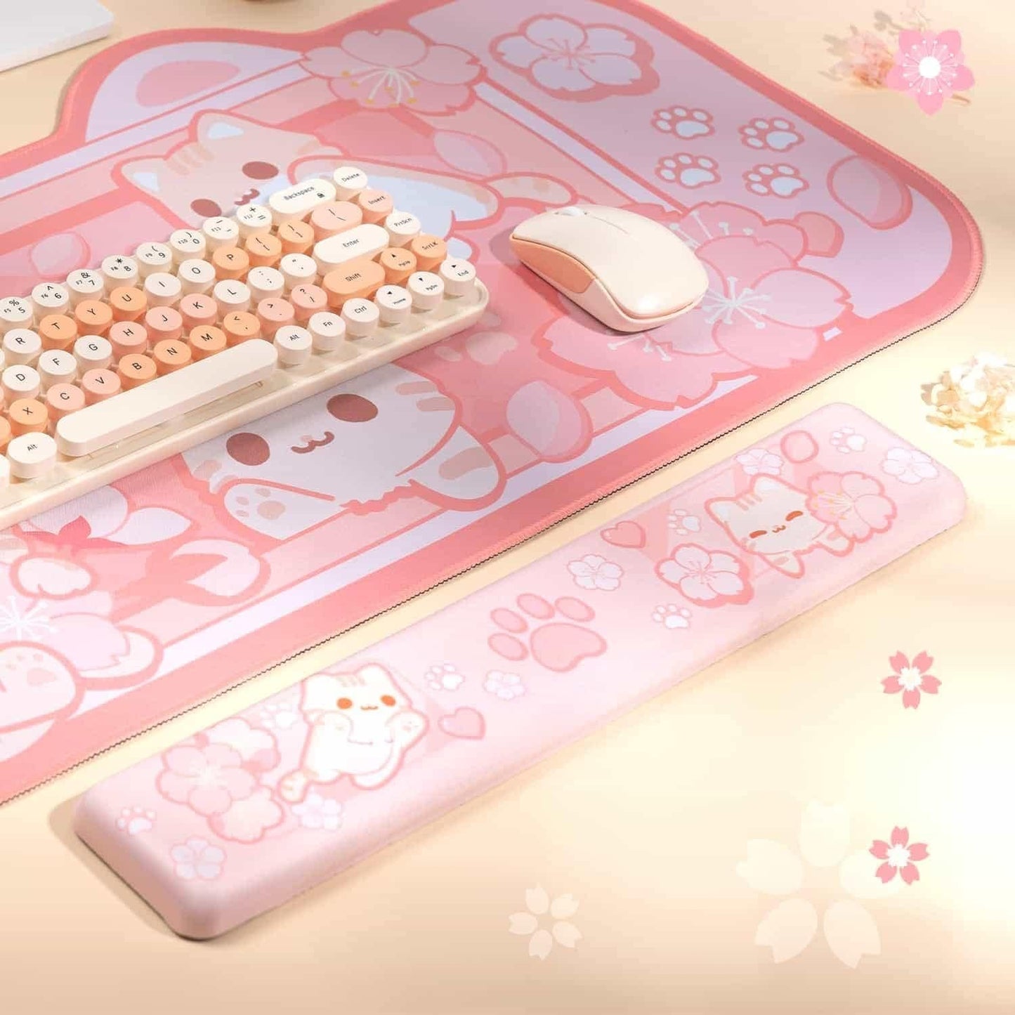 BelugaDesign Sakura Cat Desk Pad | NS Switch Keyboard Laptop Gaming Setup Accessories Mat Large Mat Mousepad | Pastel Pink Bunny Kawaii Cute Anime Desk Mat Blotter Protector with Gel Wrist Support