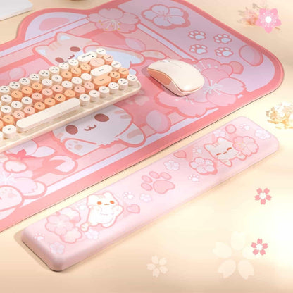 BelugaDesign Sakura Cat Desk Pad | NS Switch Keyboard Laptop Gaming Setup Accessories Mat Large Mat Mousepad | Pastel Pink Bunny Kawaii Cute Anime Desk Mat Blotter Protector with Gel Wrist Support
