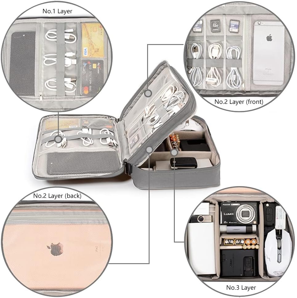HCFGS Large Travel Cables Organizer Three Layers Waterproof Shockproof Cable Bag for Camera, iPad, USB Cable, SD Cards, Chargers, Hard Disk (Grey)