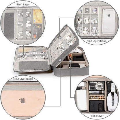 HCFGS Large Travel Cables Organizer Three Layers Waterproof Shockproof Cable Bag for Camera, iPad, USB Cable, SD Cards, Chargers, Hard Disk (Grey)