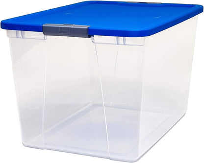 HOMZ 2-Pack Secure Latch, Clear Plastic Storage Organizer Bins, 64 Quart, Blue Lid - Stackable Container Boxes for Bedroom, Bathroom, Garage, and Office Organization