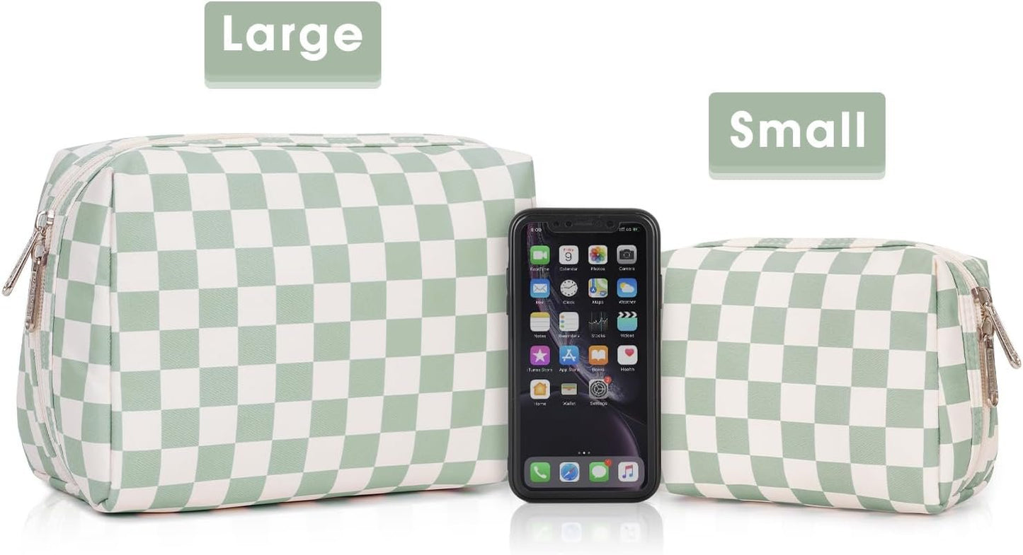 Narwey Checkered Makeup Bag Travel Cosmetic Bag Organizer Toiletry Bag Make Up Bags with Compartments for Women Girls (Large, Mint Green Checkerboard)