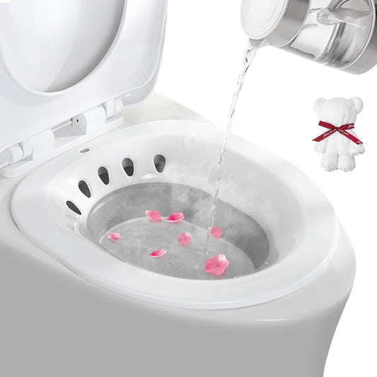 DEANIC Sitz Bath for Toilet Hemorrhoids, Postpartum Care, Collapsible Sits Bath Tub for Hemorrhoids Treatment, Yoni Steam Seat Basin, Bain de Siège Femme, Elderly Sit Bath with Towel (Grey+White)