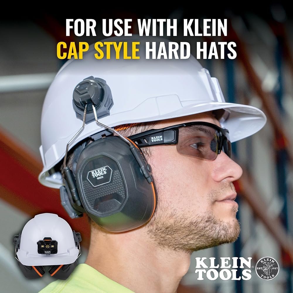 Klein Tools 60532 Ear Muffs with Cap and Safety Helmet Hard Hat Attachment, 26dB NRR for Construction, Manufacturing, Maintenance