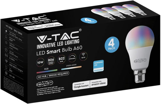 4 Pack V-TAC LED RGB Smart WiFi Bulb B22- A60, 10W, Dimmable, No Hub/Bridge Required, Work with Google Assistant & Amazon Alexa || Smart Lighting