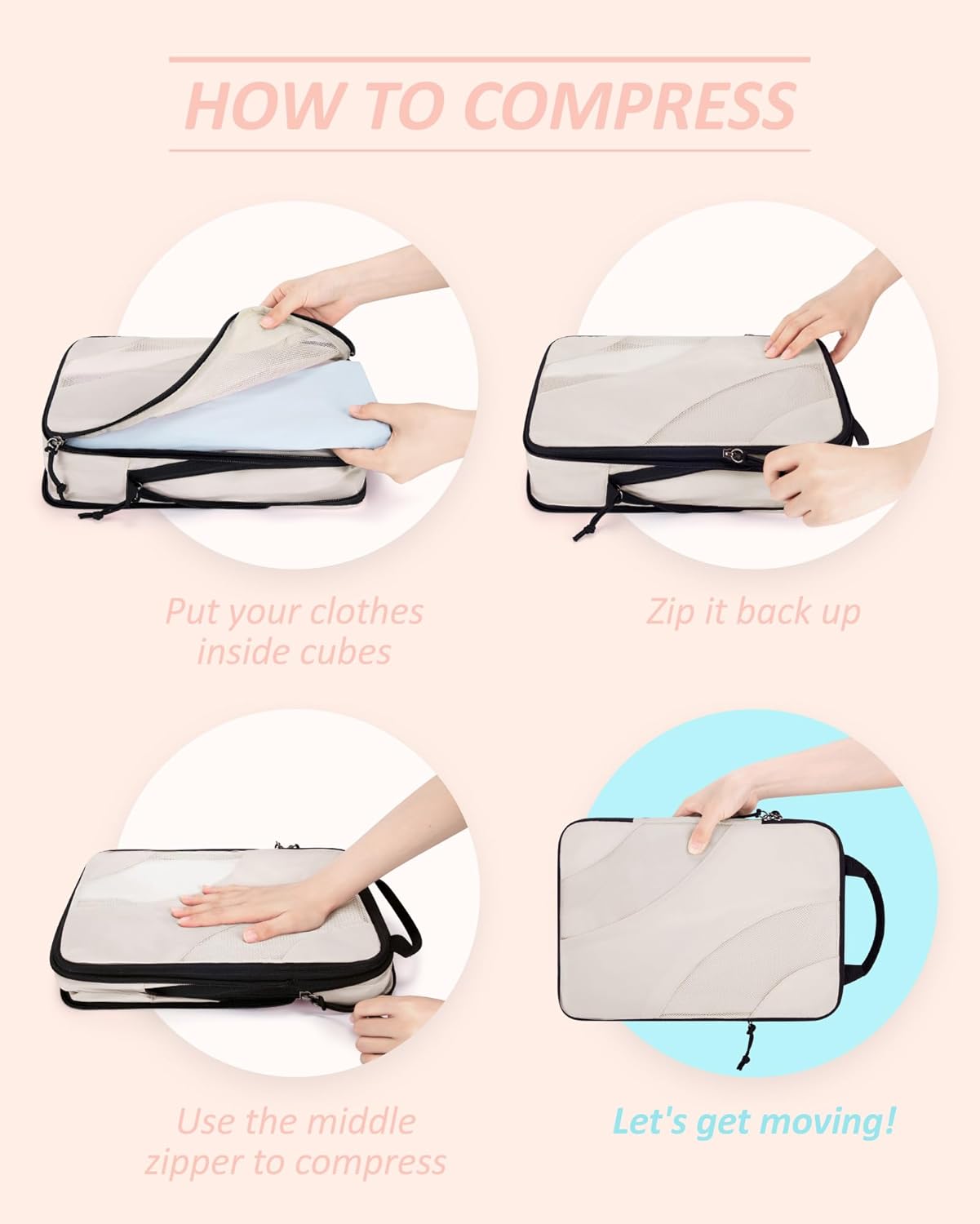 BAGSMART Compression Packing Cubes for Travel, 6 Set Travel Packing Cubes Suitcases, Compression Suitcase Organizers Bag Set & Travel Cubes for Luggage, Lightweight Packing Organizers White Opal