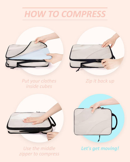 BAGSMART Compression Packing Cubes for Travel, 6 Set Travel Packing Cubes Suitcases, Compression Suitcase Organizers Bag Set & Travel Cubes for Luggage, Lightweight Packing Organizers White Opal