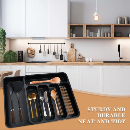 BUYGOO Expandable Cutlery Drawer Organiser, Utensil Drawer Organiser Cutlery Tray Kitchen Drawer Organiser 6 Compartment Adjustable Large Cutlery Drawer Inserts Knife and Fork Drawer Organiser, Black