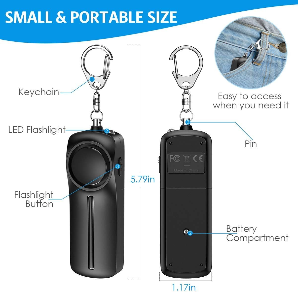 AMIR Safe Sound Personal Alarm Keychain for Women Protection - AMIR Safety Siren Keychain Loud Alarm - Personal Alert Device with LED Light - 130 dB Emergency Security Alert Key Chain Whistle, Black