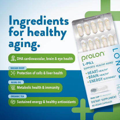 ProLon L-Pill Healthy Aging Daily Supplement, Anti Aging Support with Algal Oil Omega 3, DHA, & Green Tea Extract, 100% Vegan Supplement for Wellness, Energy, & Immune Support, 60 Capsules