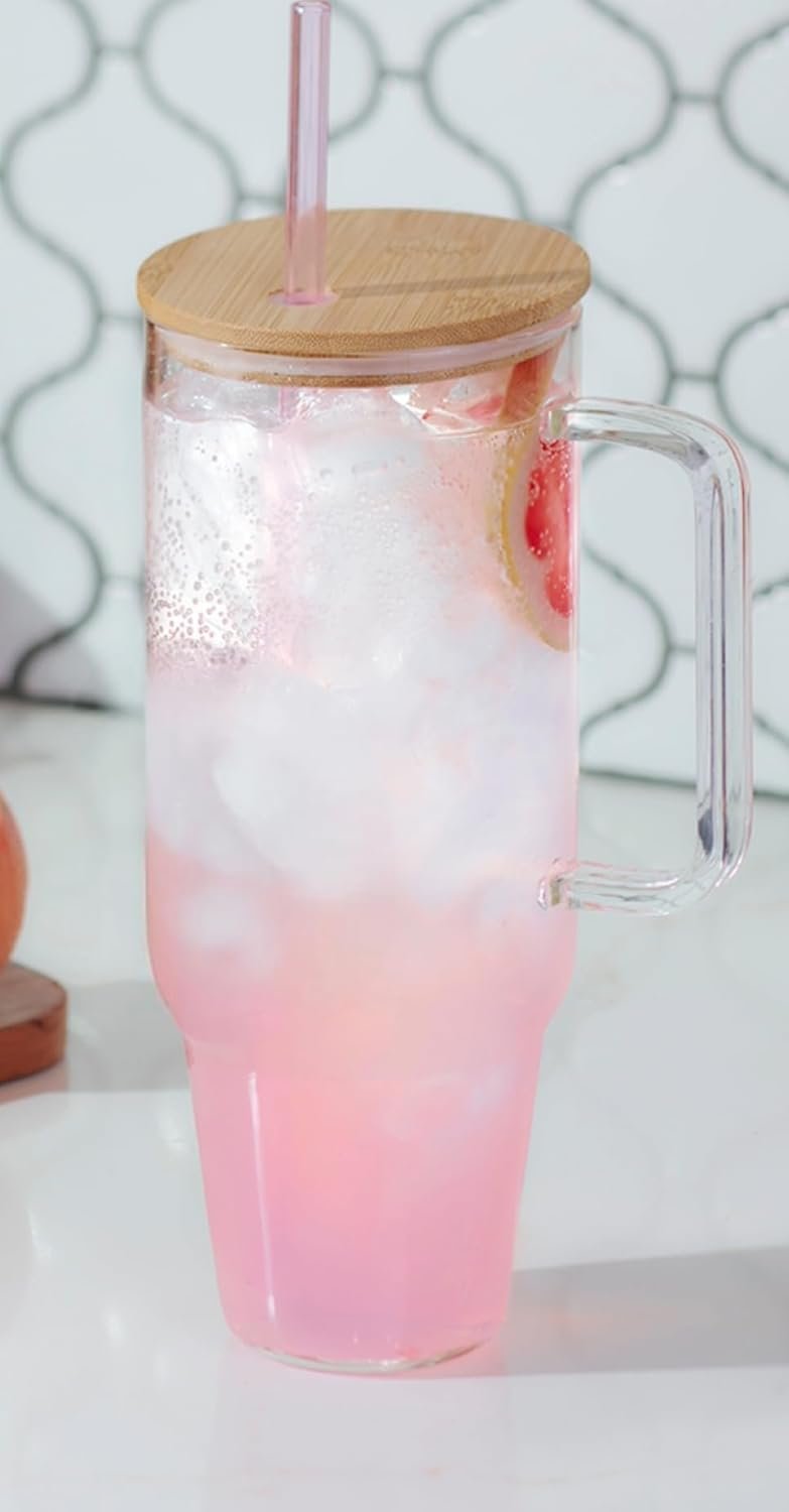 Iris Pur Luxe Glass Tumbler, Blush Pink & White Glass Straws, Lid, Handle, Travel, Drinkware, Coffee Cup, Water Bottle
