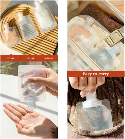 15 Pcs Portable Travel Makeup Packing Bag, 30ml+50ml+100ml Leak Proof Refillable Empty Squeeze Pouch, Transparent Clamshell Packaging Bag Plastic Stand Up Spout Pouch for For Vacation Travel.