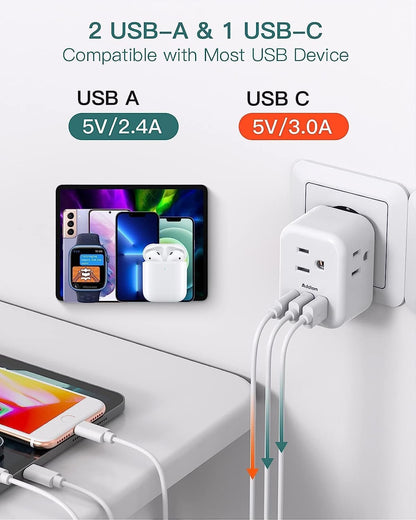 European Travel Plug Adapter, International Power Plug Adapter with 3 Outlets 3 USB Charging Ports(1 USB C), Travel Essentials to Italy,Greece,Israel,France, Spain (Type C)