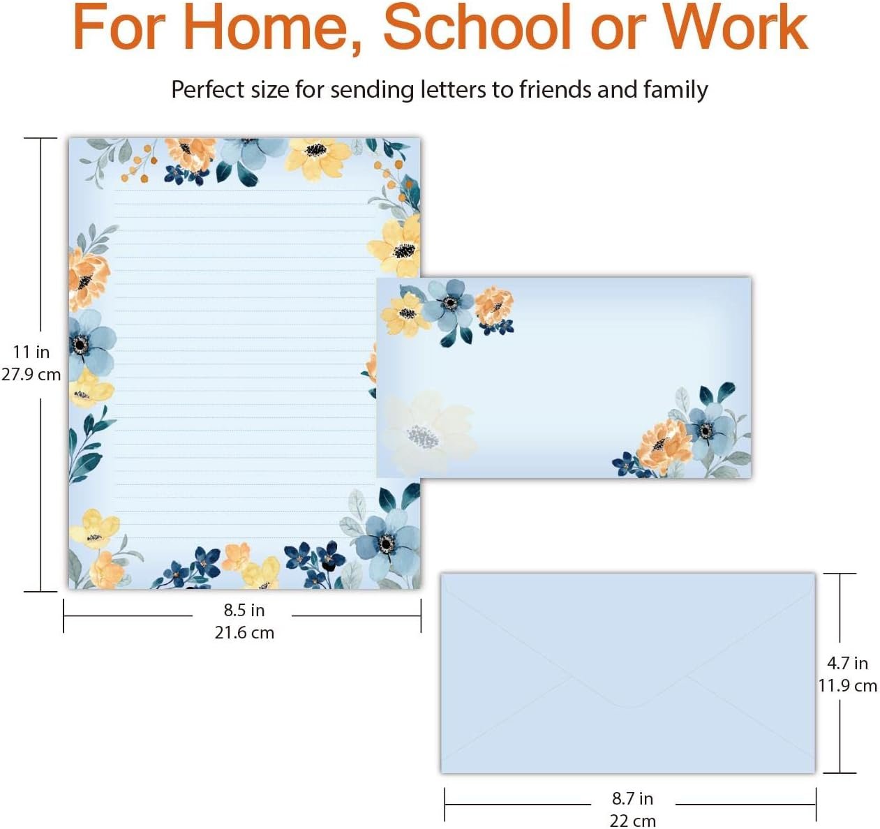Lined Stationary Set with Envelopes 48 Writing Stationary Paper with 48 Envelopes - Flora Lines Stationary Paper Set Letter Writing Paper, 8.5 x 11 Inch of Each Stationery Paper, 6 Designs Assorted