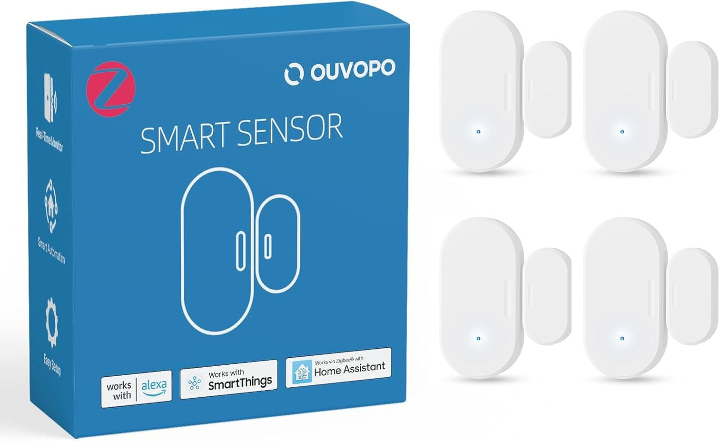 OUVOPO Zigbee Contact Sensor 4 Pack, Mini Smart Door Sensor, Home Automation, Kid Safety, Burglar Alert, Work with Alexa, SmartThings, Home Assistant, Aeotec, Hubitat, Homey with Build-in Zigbee Hub