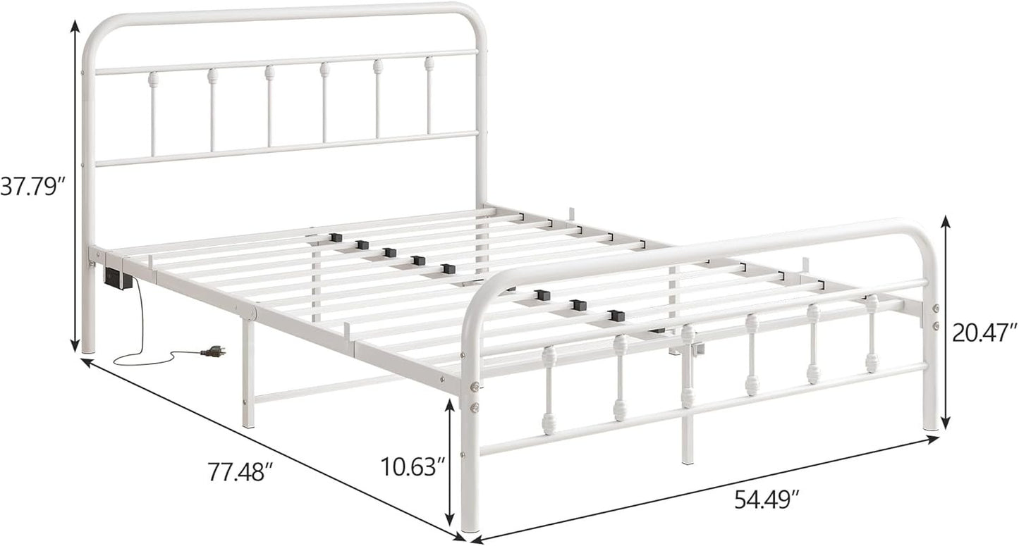 Maliacife Metal Bed Frame Double,Full Size Bed Frames with Charging Station and LED Headboard,Metal Platform Bed with Under Bed Storage, No Box Spring Needed, Noise Free,Easy Assembly,White