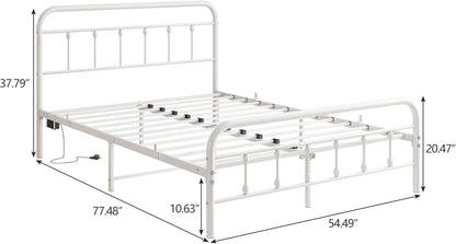 Maliacife Metal Bed Frame Double,Full Size Bed Frames with Charging Station and LED Headboard,Metal Platform Bed with Under Bed Storage, No Box Spring Needed, Noise Free,Easy Assembly,White