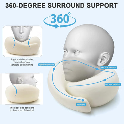 Travel Neck Pillow, Memory Foam Travel Neck Pillow for Airplanes, 360° Support Stowable Pillows for Sleeping, Airplane Travel Kit with 3D Contoured Eye Masks, Earplugs, and Storage Bag (Grey)