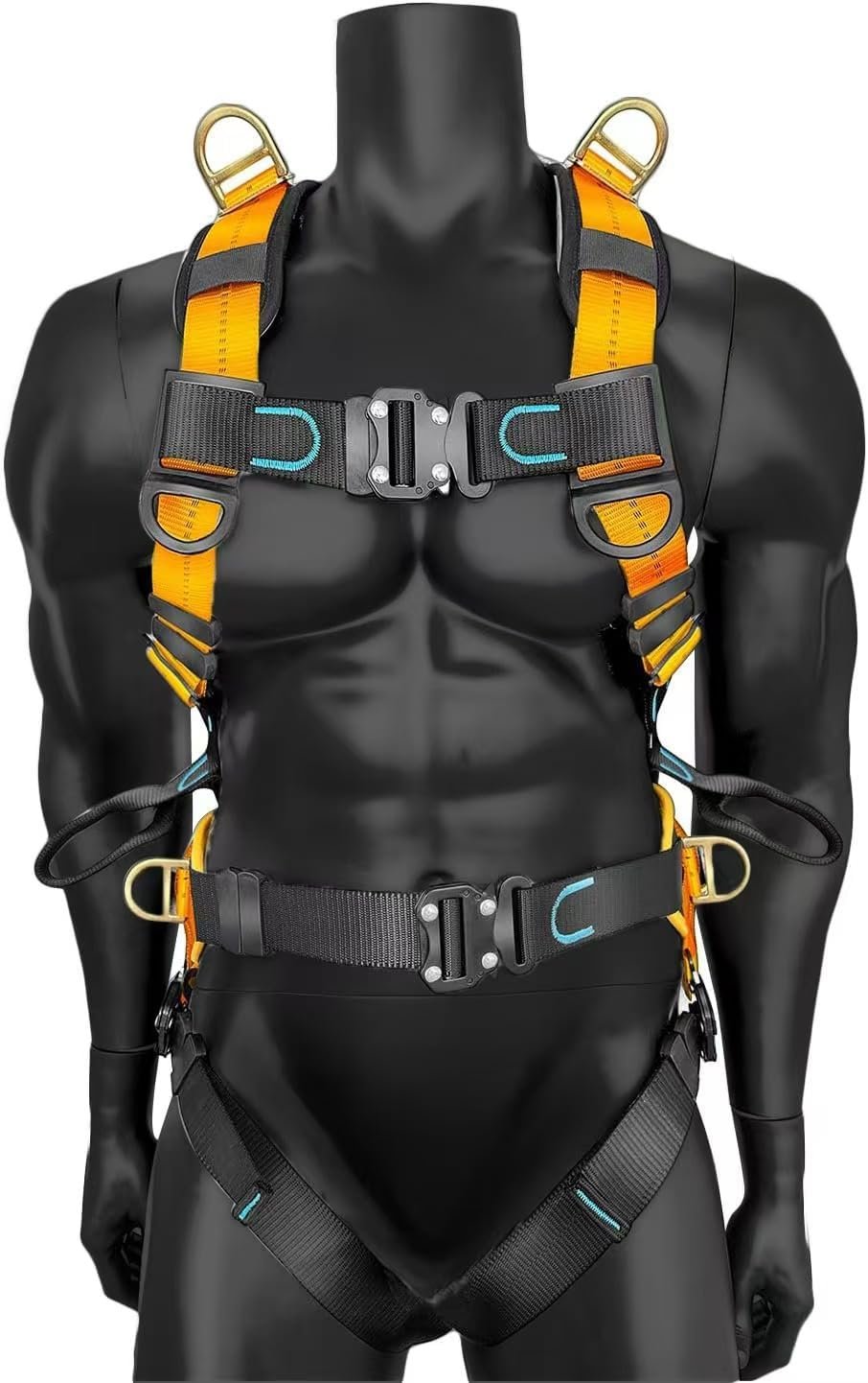 Fall Protection Full Body Safety Harness, 6” Thick Back Support Belt,5 Heavy Duty D-rings, Quick Release (OSHA/ANSI)