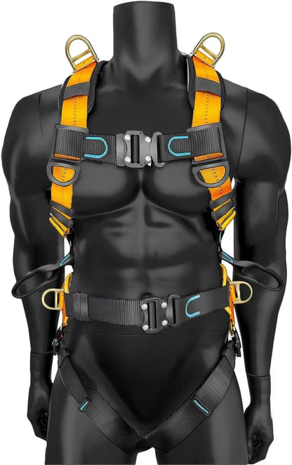 Fall Protection Full Body Safety Harness, 6” Thick Back Support Belt,5 Heavy Duty D-rings, Quick Release (OSHA/ANSI)