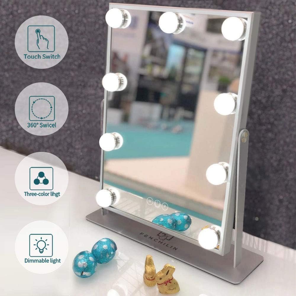 Lighted Vanity Make Mirror with Light,Makeup Mirror with Dimmable LED Blubs, Screen Touch Control Three Colors Lights Ajustable Angle for Dressing Table