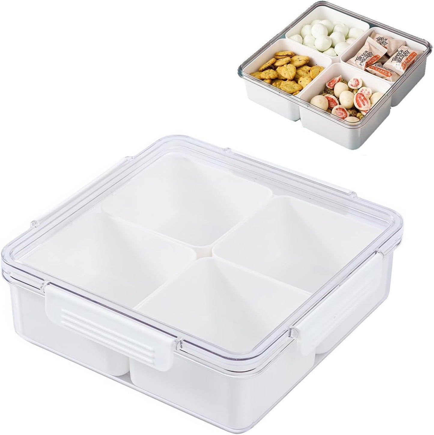 Famiredo Food Storage Organizer with Lid, Divided Serving Tray with 4 or 5 Removable Boxes, Stackable Refrigerator Organizer Bins Produce Saver for Meal Prep (Square)