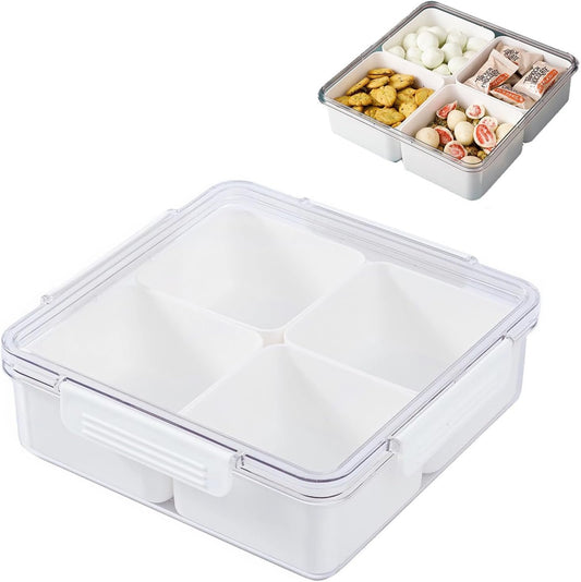 Famiredo Food Storage Organizer with Lid, Divided Serving Tray with 4 or 5 Removable Boxes, Stackable Refrigerator Organizer Bins Produce Saver for Meal Prep (Square)