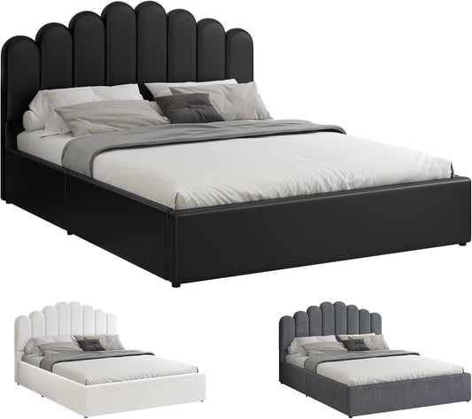 ALFORDSON Bed Frame with Gas Lift Storage Base Queen Size, Bed Platform Foundation with PU Leather Upholstered Tufted Headboard for Mattress Topper, Milton Black