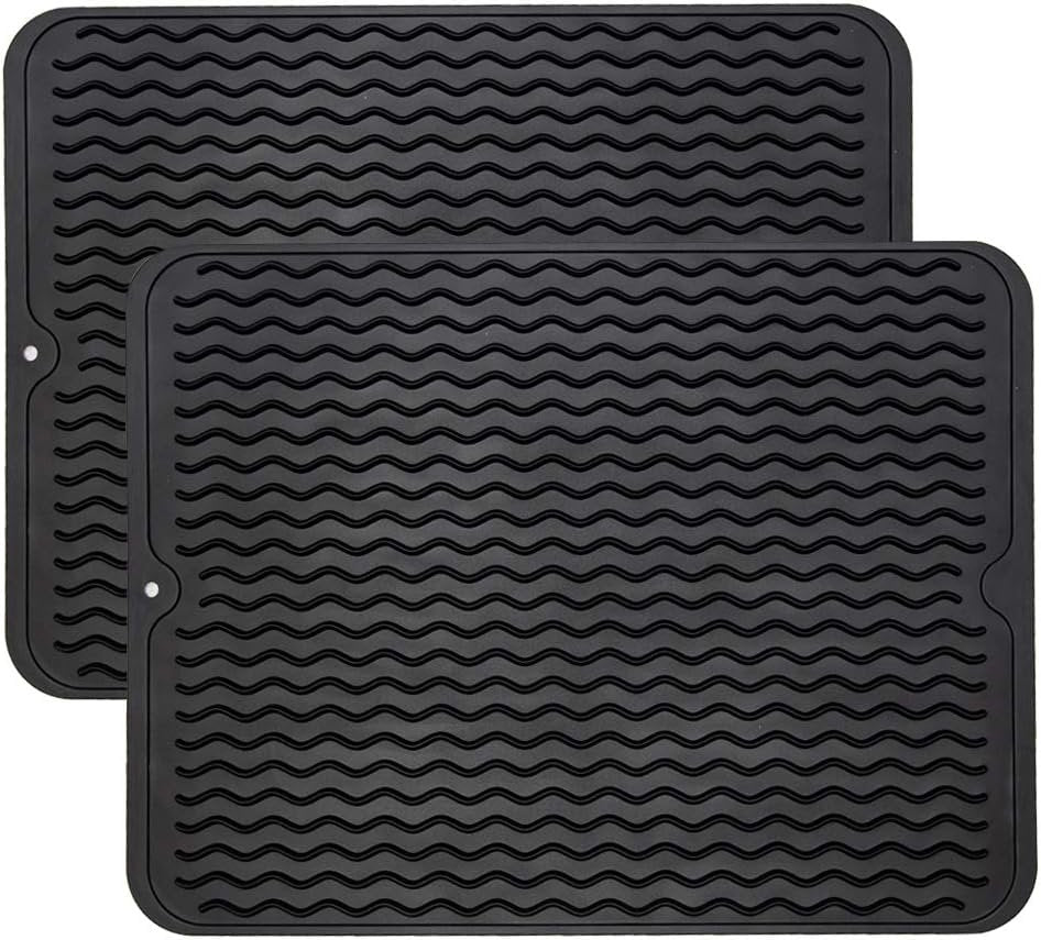 ZLR Silicone Dish Drying Mat for Kitchen Counter, Eco-Friendly Quick Dry Dish Mat, Easy Clean Multi Usage Drying Matt, Heat Resistant Trivet (2 x Black, L (12" x 16"))