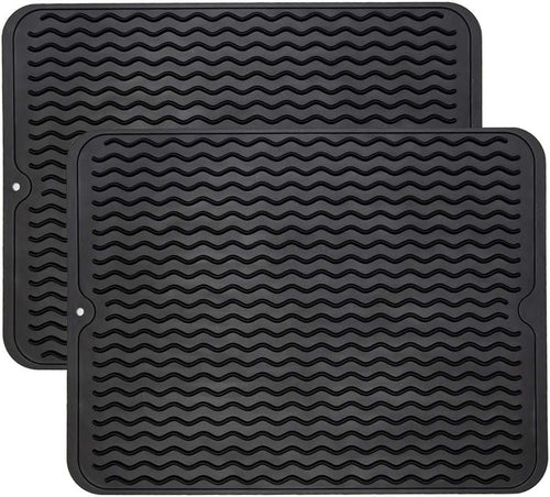 ZLR Silicone Dish Drying Mat for Kitchen Counter, Eco-Friendly Quick Dry Dish Mat, Easy Clean Multi Usage Drying Matt, Heat Resistant Trivet (2 x Black, L (12" x 16"))