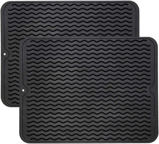 ZLR Silicone Dish Drying Mat for Kitchen Counter, Eco-Friendly Quick Dry Dish Mat, Easy Clean Multi Usage Drying Matt, Heat Resistant Trivet (2 x Black, L (12" x 16"))