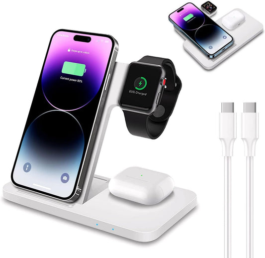 3 in 1 Wireless Charging Stand Foldable Fast Wireless Charger Station for iWatch 10/Ultra 2/9/Ultra/8/7/6/5/4/3/2/SE,AirPod4/3/Pro/2,iPhone 16 15 14 13 12 11(Plus,Pro,Pro Max,Mini)/XS/XR/X