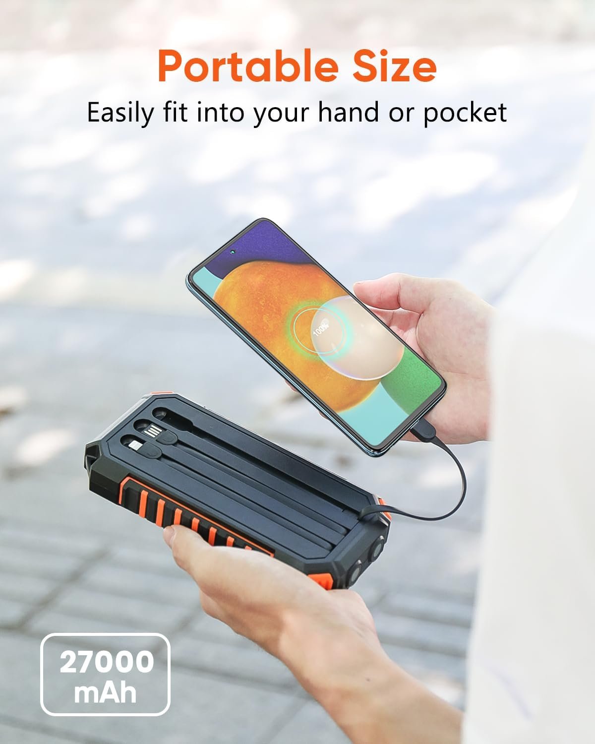 Riapow Solar Charger Power Bank - 27000mAh Portable Phone Charger with Built-in USB Cables 3.0A Fast Charge Battery Pack, 5 Outputs & 2 Inputs for Smartphone, Tablet